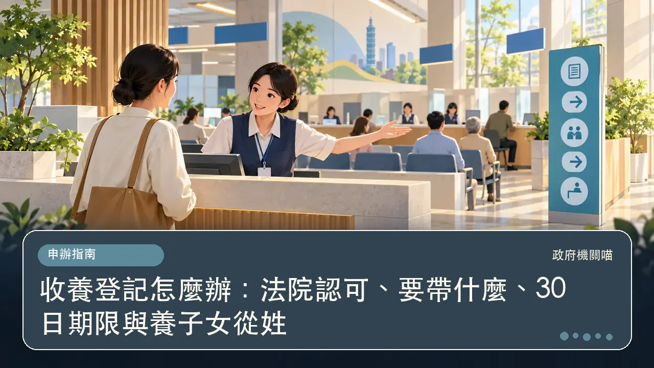 收養登記怎麼辦：法院認可、要帶什麼、30 日期限與養子女從姓主題插畫