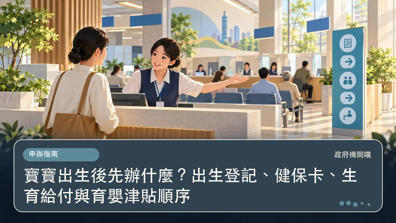 寶寶出生後先辦什麼？出生登記、健保卡、生育給付與育嬰津貼順序主題插畫