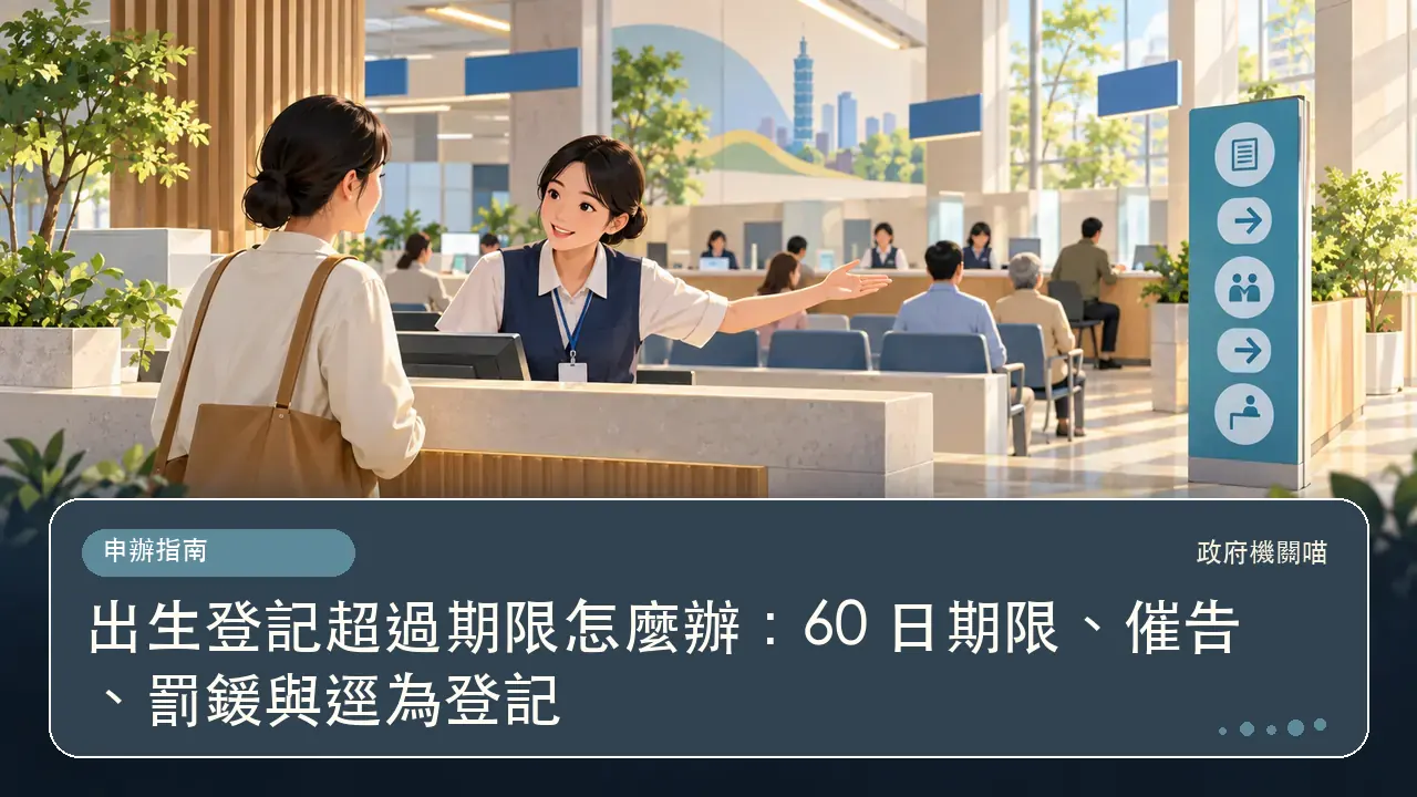 出生登記超過期限怎麼辦:60 日期限、催告、罰鍰與逕為登記主題插畫
