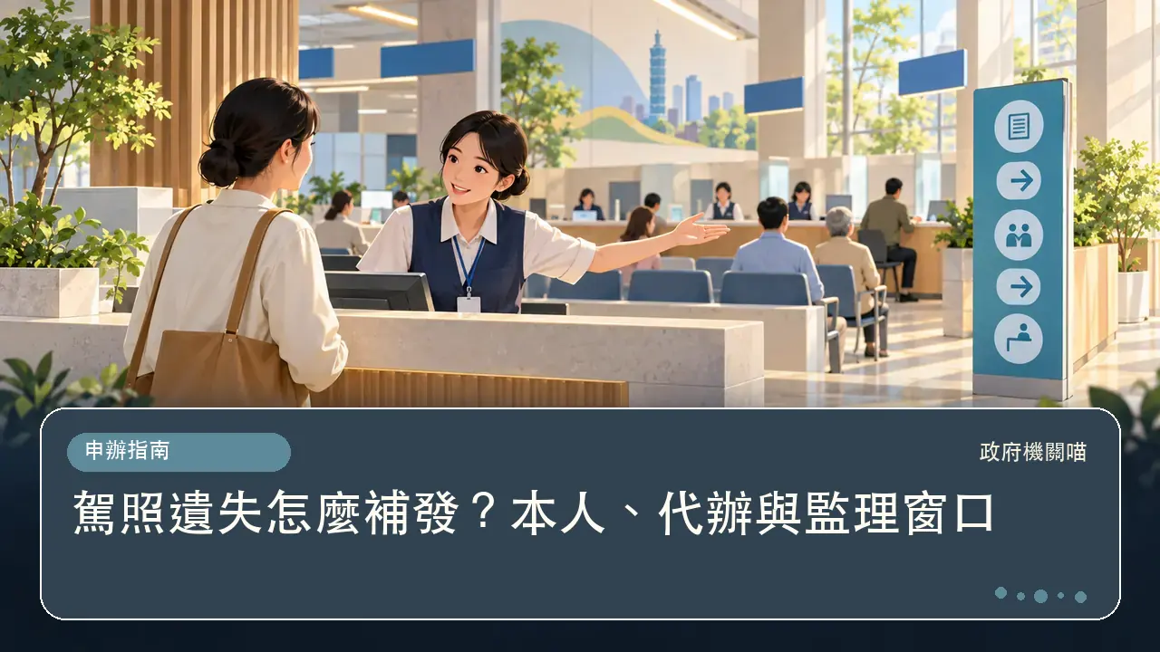 駕照遺失怎麼補發？本人、代辦與監理窗口主題插畫