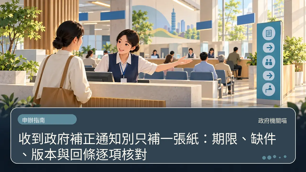 收到政府補正通知別只補一張紙：期限、缺件、版本與回條逐項核對主題插畫