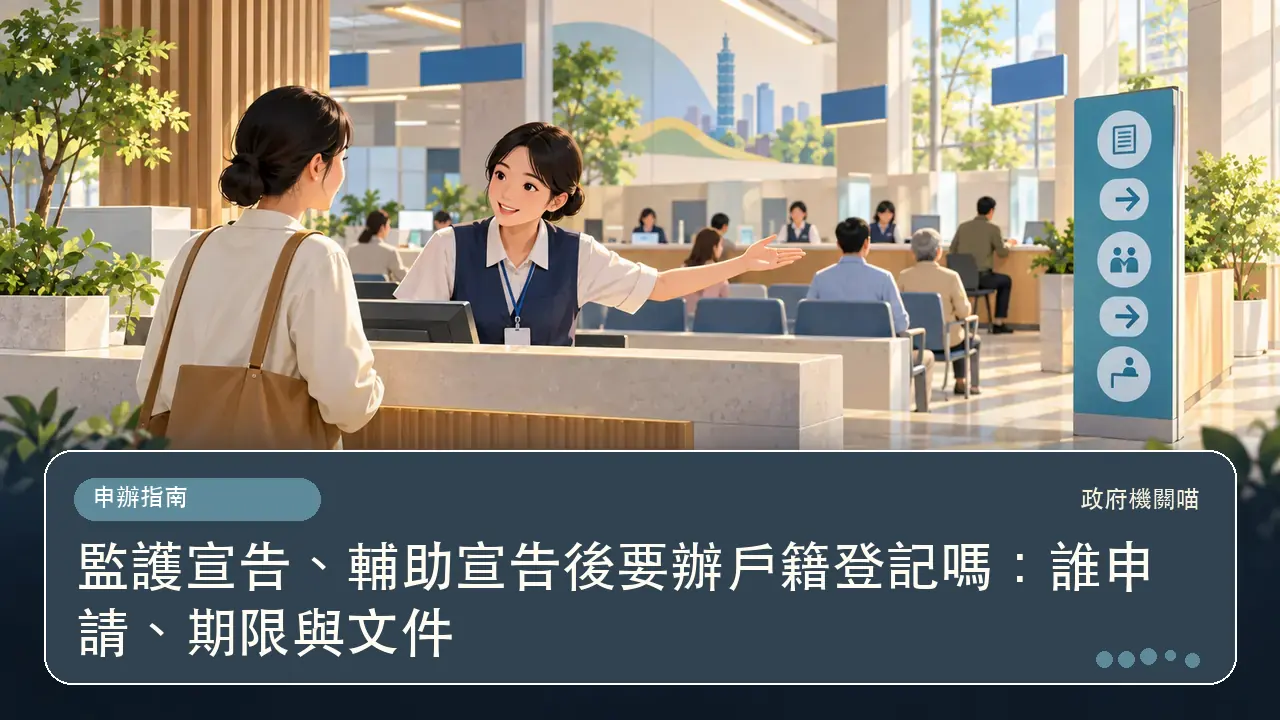監護宣告、輔助宣告後要辦戶籍登記嗎：誰申請、期限與文件主題插畫