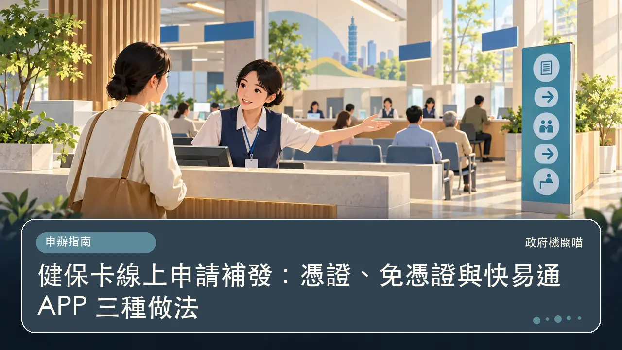 健保卡線上申請補發:憑證、免憑證與快易通 APP 三種做法主題插畫