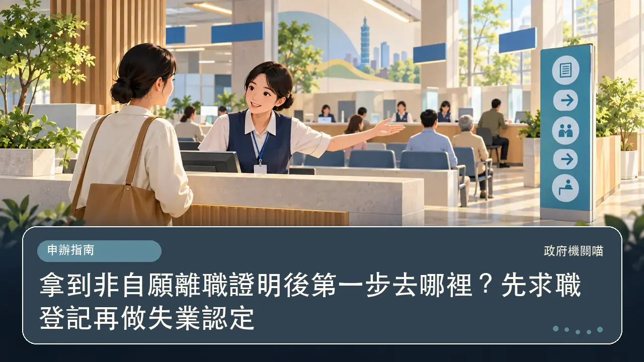 拿到非自願離職證明後第一步去哪裡？先求職登記再做失業認定主題插畫