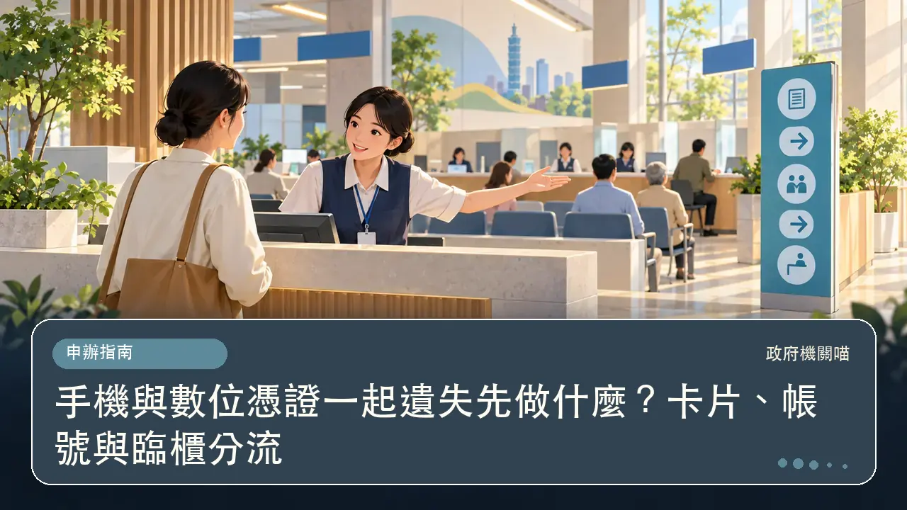 手機與數位憑證一起遺失先做什麼?卡片、帳號與臨櫃分流主題插畫