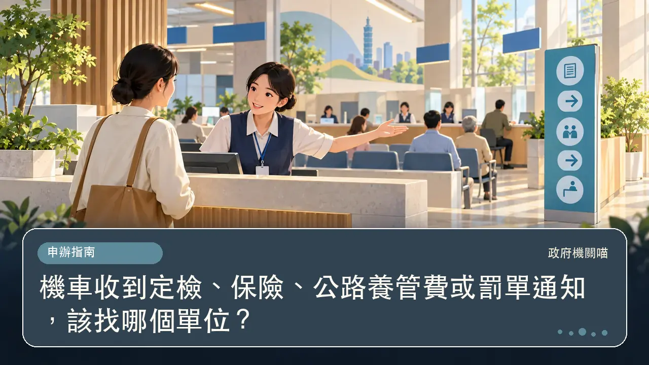 機車收到定檢、保險、公路養管費或罰單通知,該找哪個單位?主題插畫