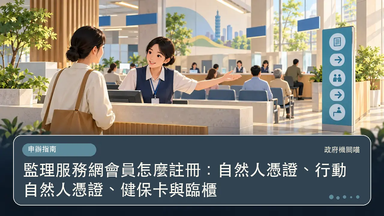 監理服務網會員怎麼註冊：自然人憑證、行動自然人憑證、健保卡與臨櫃主題插畫