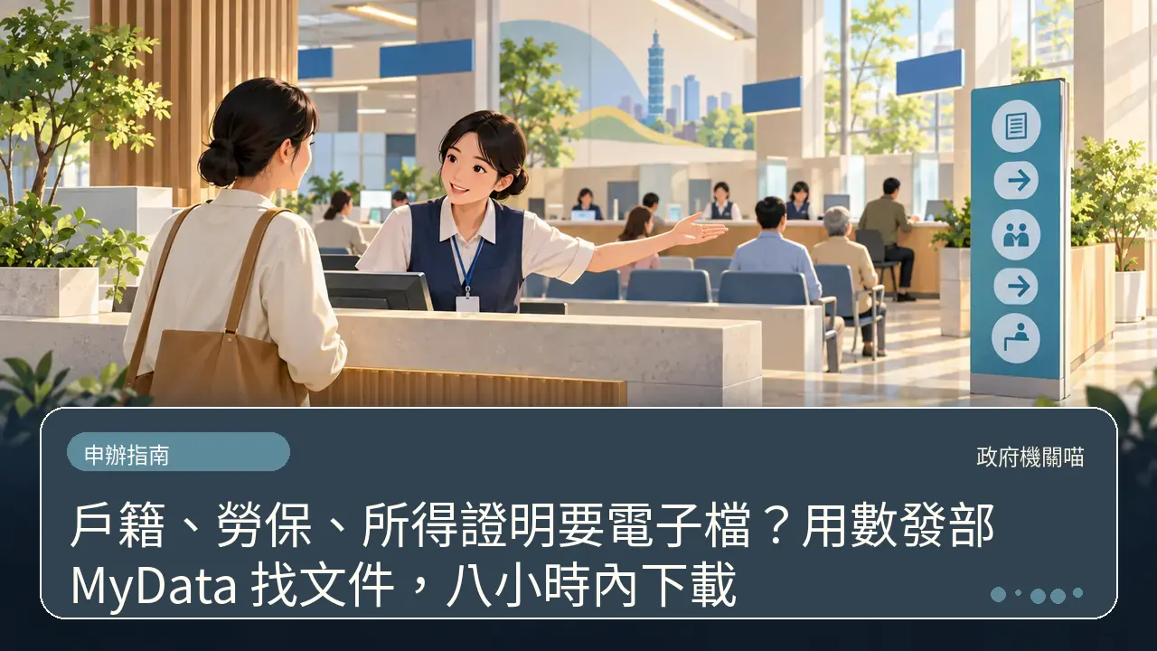 戶籍、勞保、所得證明要電子檔?用數發部 MyData 找文件,八小時內下載主題插畫