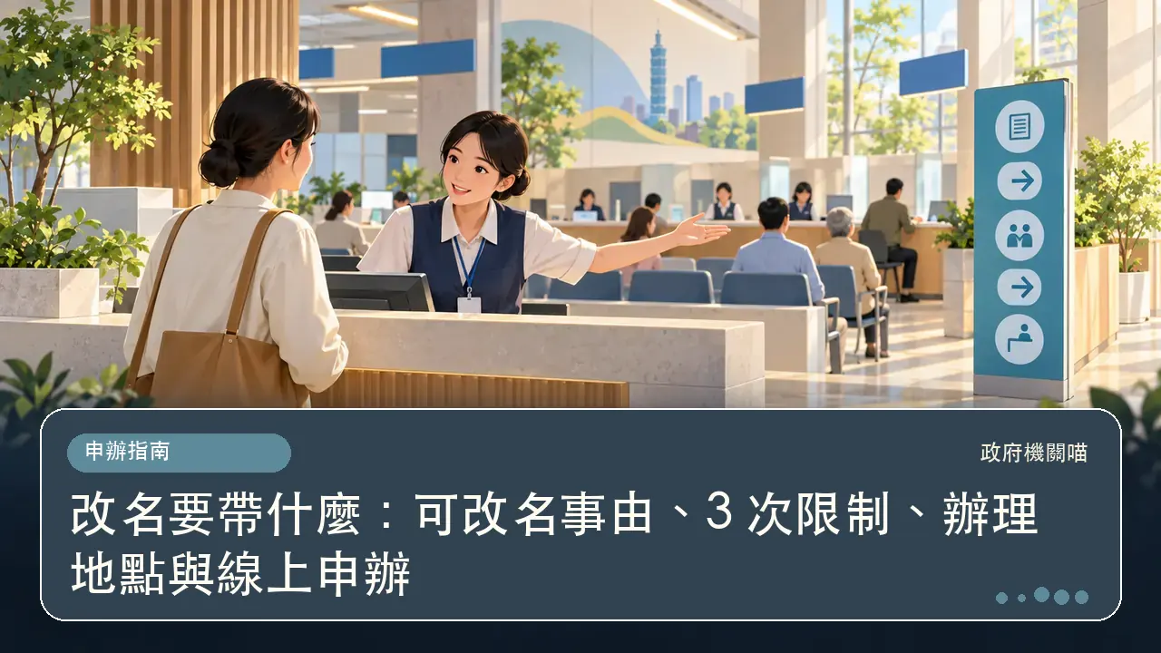 改名要帶什麼：可改名事由、3 次限制、辦理地點與線上申辦主題插畫