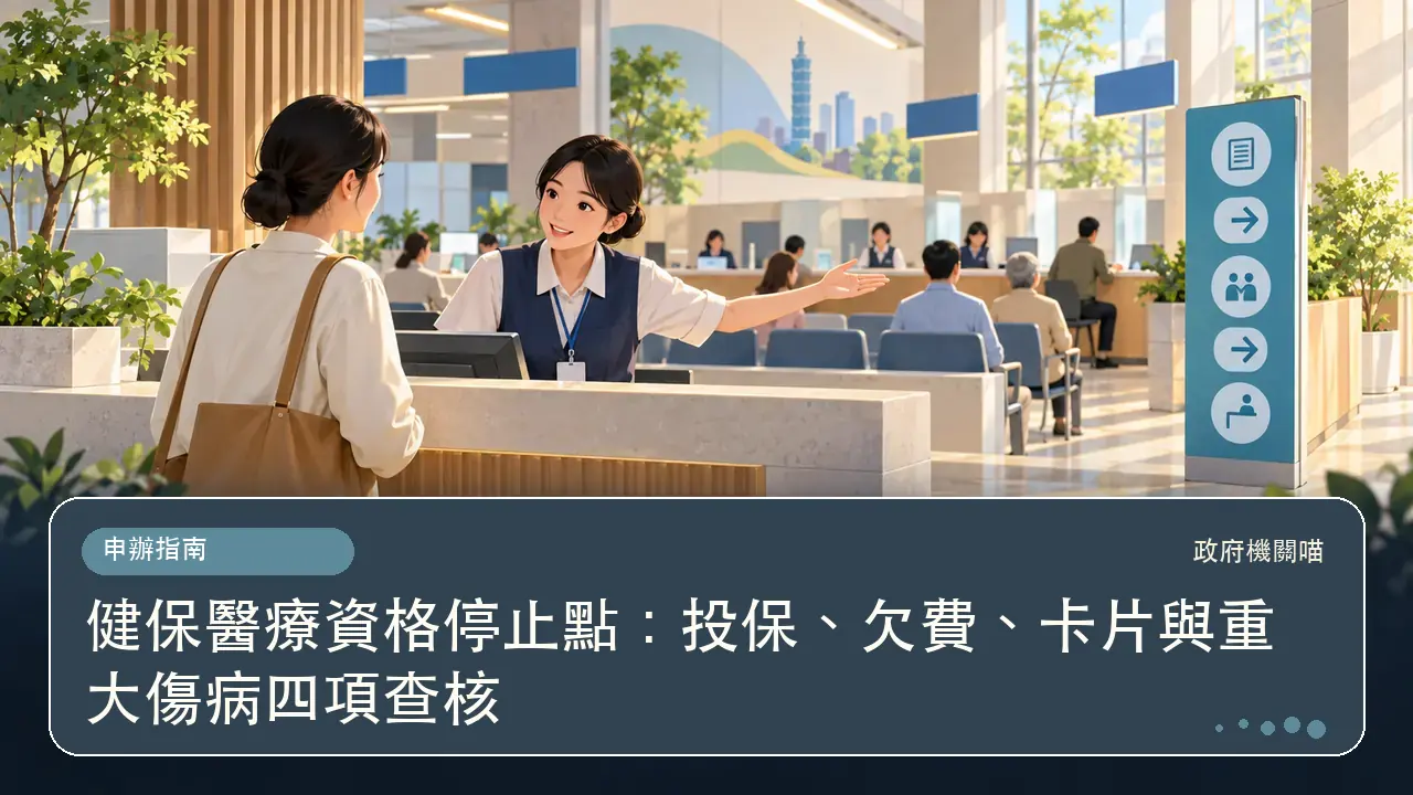 健保醫療資格停止點:投保、欠費、卡片與重大傷病四項查核主題插畫
