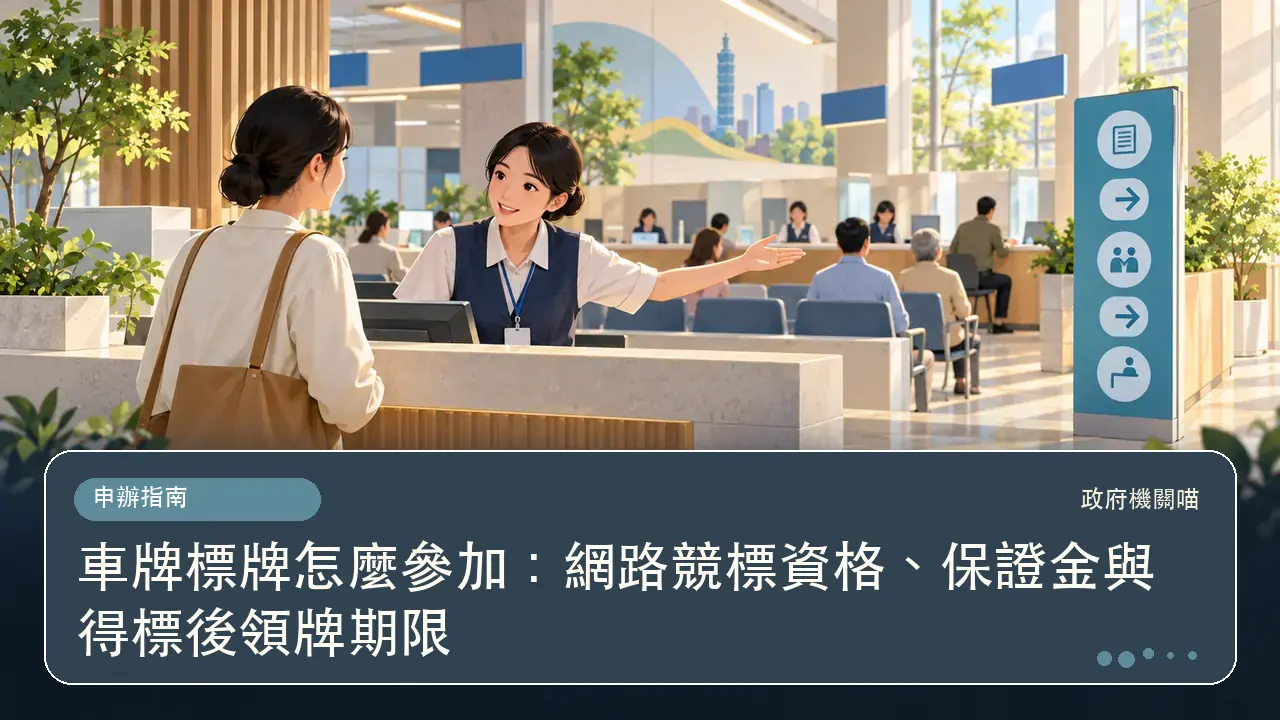 車牌標牌怎麼參加:網路競標資格、保證金與得標後領牌期限主題插畫