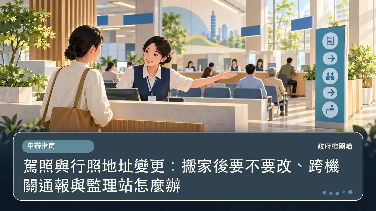 駕照與行照地址變更：搬家後要不要改、跨機關通報與監理站怎麼辦主題插畫
